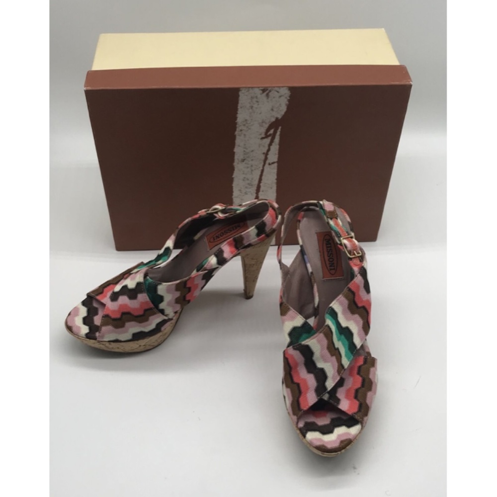 Missoni pink brown cork platform slingback sandal heel sz 37 US 6.5